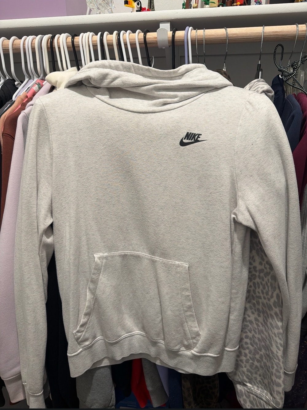 Nike Women's Light Heather Gray Pullover Hoodie with Black Logo